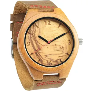 Klassische und zeitlose Bambus uhr aus Holz mit echtem braunem Leder armband