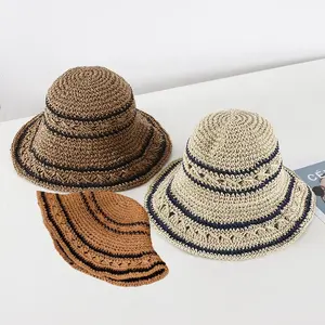 Китай, складная Солнцезащитная шляпа dobby, Женская рекламная шляпа ручной работы, вязаная крючком, натуральная соломенная шляпа-ведро, женская пляжная шляпа