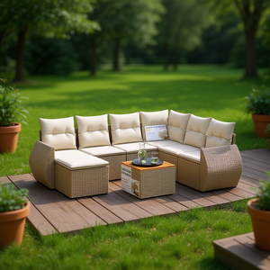 Ensemble de canapés de jardin en rotin beige 6 places, mobilier d'extérieur contemporain résistant aux intempéries, sectionnel pour patio - Product Image 2