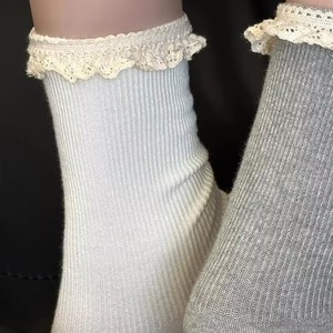 Women's Solid Color Slouch Socks With <b>Lace</b> Trim Breathable Cotton Mid-Calf Socks For Spring Autumn - Product Image 3
