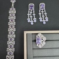 Schmuckset aus Kupfer mit Lila Edelstein und Quasten, 3-teilig, Abend-Schmuckset mit Armband, Ohrringen und Ring, OEM