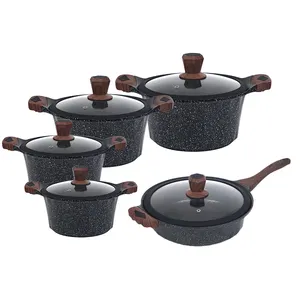 Kala 10pcs 20-24-28-32cm Covered Casserole Wooden Handles&Knob Deep Fry Pan Inside Ceramic Coating Utensils Kitchen Set
