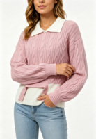 Pull polo en maille torsadée rose pour femme, col blanc contrastant avec ourlet superposé et boutons latéraux, manches bouffantes mignonnes, OEM/ODM