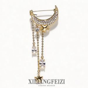 Broche de Luna y Estrella Estilo Western, Chapado en Oro, Aleación de Zinc, Cristal Tallado en Forma de Pera, Joyería de Moda para Mujer - Product Image 2