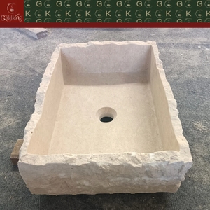 Vasque <span class=keywords><strong>de</strong></span> salle <span class=keywords><strong>de</strong></span> bain GOLDKING à poser sous le meuble, en pierre calcaire artisanale, beige, bord brut, sculptée avec précision, prête à l'installation - Product Image 4