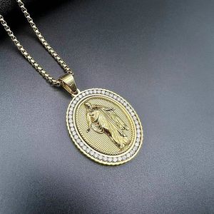 Collier pendentif religieux Hip Hop Yunnique en acier inoxydable plaqué or avec zircon, breloque ovale Jésus Saint, chaîne, cadeau, bijoux - Product Image 3