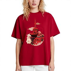 T-shirt à manches courtes col rond en pur coton, coupe oversize décontractée, épaules tombantes, tendance nationale créative, Shanghai <span class=keywords><strong>Yuyuan</strong></span> 235 Rouge - Product Image 1