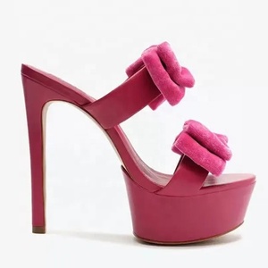 Mules à talons aiguilles pour femmes, sandales à talons fins et hauts, avec nœud en tissu floqué, plateforme épaisse, pour soirée, club, été, chaussures de soirée - Product Image 5