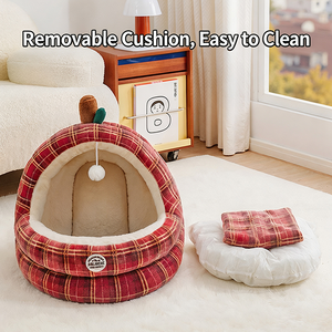 Lit <span class=keywords><strong>pour</strong></span> animaux de compagnie en peluche en forme de pomme de Noël, maison douce en forme de grotte <span class=keywords><strong>pour</strong></span> chiens et chats, nid rond chaud et moelleux avec coussin, durable et mignon - Product Image 4