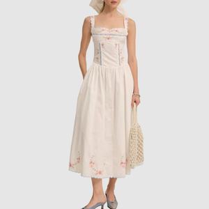 Vestidos de Verano de Nuevo Diseño, Casuales, sin Mangas, con Bordado Floral, 100% Algodón, Vestido Midi para la Hora del Té - Product Image 1