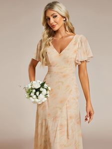 Abito da sposa digitale da donna in chiffon fluido, lungo, asimmetrico, a maniche corte, con scollo a V e spacco, a vita naturale, <span class=keywords><strong>chic</strong></span>, estivo - Product Image 5