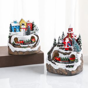 Figurine de Noël en résine avec musique et rotation, village de Père Noël et bonhomme de neige lumineux avec train miniature, décoration de table festive - Product Image 6