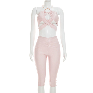 Viviblook C26ST219 Women <b>Set</b> New <b>Sexy</b> Sleeveless Solid Color Hollow Halter Tank Top Tight Cropped Pants Two Piece <b>Set</b> - Product Image 2