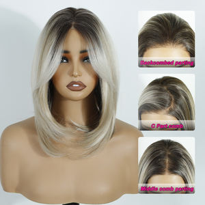 Pelo corto 13x4 HD, pelucas frontales de encaje sin pegamento, fibra resistente al calor, sin llama, degradado, Color Rubio, pelo sintético, peluca con malla frontal - Product Image 4