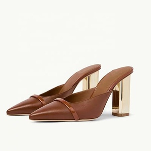 Genuine Leather Women Chunky Heels Mules Custom Logo on Summer Sandals Pointy Toe <b>Slides</b> Shoes Ladies Slippers Pumps - Product Image 4