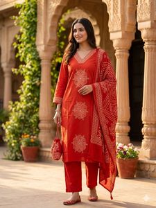 Conjunto de Salwar Kameez de Algodón Rojo para Mujer con Bordado, Ropa Casual Tradicional India y Pakistaní, Corte Holgado hasta el Tobillo - Product Image 6