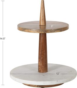 Modern 2 Katlı Yuvarlak Masif 12 X 12 X 15 Doğal Ahşap Beyaz Mermer Dekoratif Servis Sunum Standı - Product Image 5