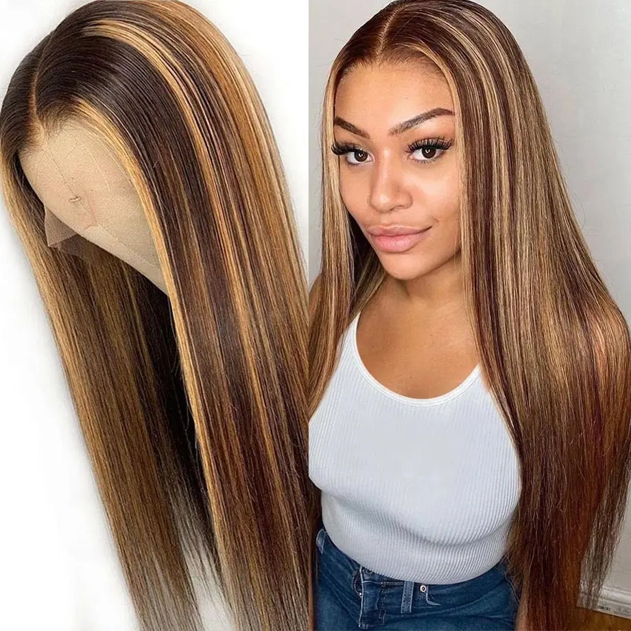 Blonde Hoogtepunt Kleur Weave En Human Hair Blend Pruiken Groothandel 13X4 Hd Kant Frontale Vietnamese Ruwe Haar Bone Straight Pruiken