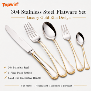 Ensemble de couverts en acier inoxydable 304 avec bordure dorée, 5 pièces, ensemble de luxe de couteau, fourchette et cuillère pour hôtel, restaurant, mariage, banquet - Product Image 1
