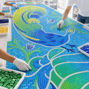 Mosaïque murale de luxe en verre thermofusible motif paon, haute fidélité, pour la décoration des murs de fond de stades, parcs aquatiques, gymnases et piscines extérieures - Product Image 5