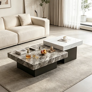 Modern Movable <b>Nested</b> Sintered Stone <b>Coffee</b> <b>Table</b> <b>Set</b> With Built-in Tea Tray, Two-tone Square <b>Table</b> For Living Room Furniture - Product Image 4