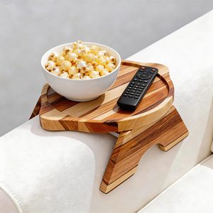 Plateau d'accoudoir de canapé en bois massif, pliable, rond, pour table d'appoint avec support pour bol et télécommande - Product Image 1