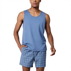 Men's Blue Solid Sleeveless Tank Top O-Neck Breathable Casual Knitted Sporty Athletic Front Logo Summer - Product Image 1