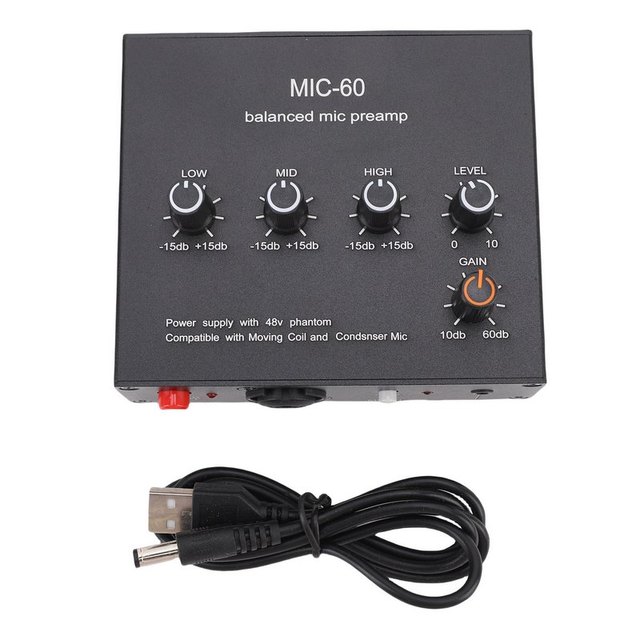 Microphone Preamp 3.5mm 6.5mm XLR Intput Output 60db Gain Condenser and Dynamic Mic Preamplifier with 48V Phantom Power