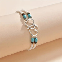 Chaîne de cheville élastique double couche en alliage avec perles double cœur et turquoise, style vacances tendance, idéale pour les couples N25910