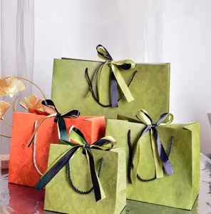 Custom Logo Christmas Tree Shopping Green Paper Bags Orange Gift Bags With Ribbon Bow Closure