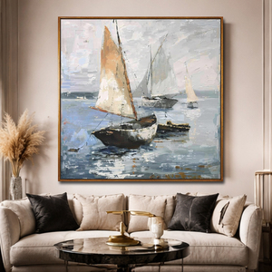 Quadro su Tela Personalizzato 60x60cm, <span class=keywords><strong>Paesaggio</strong></span> Astratto con Barca a Vela Blu, Dipinto a Olio Moderno per Interni, Uso in Tutte le Stagioni, Realizzato a Mano - Product Image 3