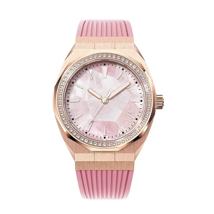 custom logo iced out diamond steel case Silicone band MOP dial women lady quartz watch