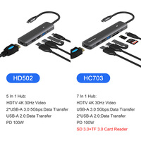 Hub Adaptateur Dock USB Type-C 7 en 1 en Aluminium de Haute Qualité pour Ordinateur Portable Macbook avec USB 3.0, USB 2.0, HD, PD, et Lecteur de Carte SD TF