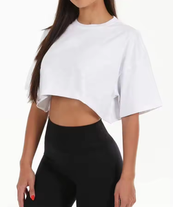 Hauts courts 100% coton personnalisés pour femmes T-shirt de sport d'été surdimensionné de base imprimé bouffant respirant et coupe ample - Product Image 4