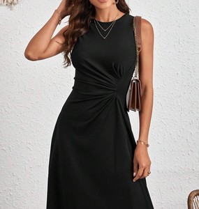 Vestido Midi Casual para Mujer, Color Verde Negruzco, con Cuello Redondo y Detalle Fruncido, Talla XL, Sin Mangas, Color Sólido, Venta al Por Mayor - Product Image 6