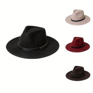 หมวกแฟชั่นสไตล์ลำลองสำหรับฤดูใบไม้ร่วงและฤดูหนาว ทำจากผ้าขนสัตว์ แต่งเข็มขัดแบบเรโทร ตกแต่งด้วยหัวเข็มขัด เหมาะสำหรับการแสดงบนเวที ปีกหมวกขนาด 7 ซม. - Product Image 1