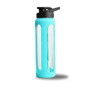 健身房运动水瓶玻璃带硅胶套玻璃水瓶定制24盎司玻璃水瓶