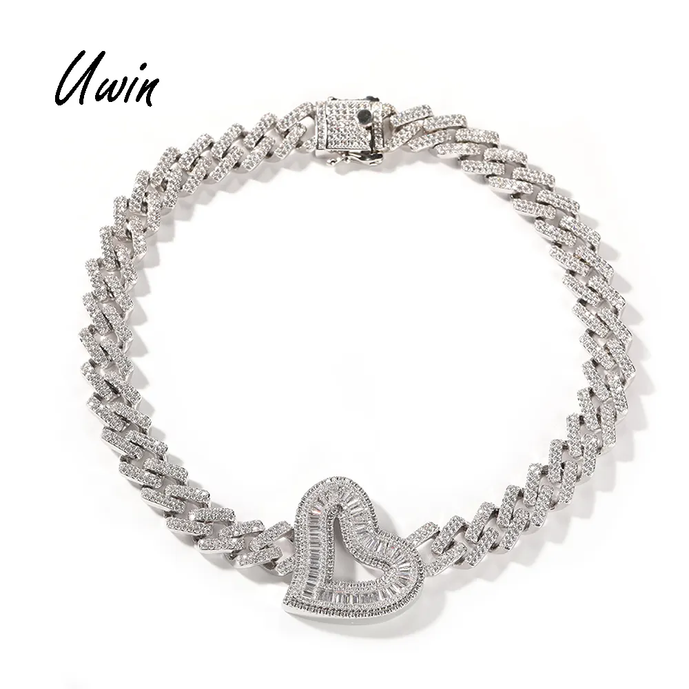 Uwin New Trendy Bling Bling CZ Big Heart Pendant With 2 Row Miami Cuban Link Chain Necklace Hiphop Rapper Jewelry Bracelet Gift