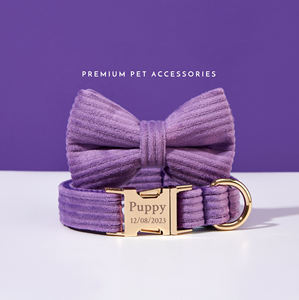 Purple Bowtie Set Personalized Leather Rivet <b>Dog</b> Collar and Leash with Free Engraved Name for Wedding Gift-Nylon & Corduroy - Product Image 5