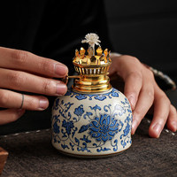 Lampe à ghee en céramique Ru bleue et blanche, veilleuse de chambre, design moderne et épuré, ornements, lampe Bouddha, lampe Lotus Entrelacé
