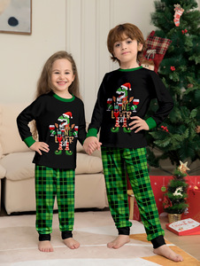 Langarm Family Matching Christmas PJs Set Atmungsaktive Custom ized Front Logo Pyjamas Elastic Waist Cartoon Tier muster 6XL - Product Image 5