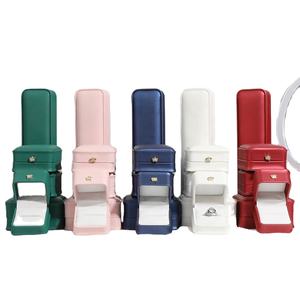 Venta al por mayor de lujo personalización PU cuero rojo naranja anillo pendiente colgante joyería caja de embalaje con logotipo - Product Image 1