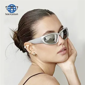 Teenyoun 2023 Wholesale Wrap Around Fashion Cyber Y2K Aesthetic Sun Glasses Oval Dark Vintage Sunglasses For Men Women