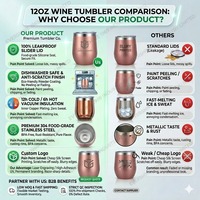 Gobelet à vin en acier inoxydable thermolaqué, compatible lave-vaisselle, 12 oz, anti-rayures, double paroi, isolé sous vide, avec couvercle
