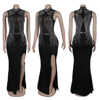 GX3127 Mode 2023 Robe longue de soirée sexy, sans manches, avec strass et patchwork en maille, fendue, pour boîte de nuit
