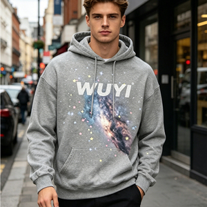 OEM Men's Galaxy Print Hoodie Streetwear Heather Grey Nebula Graphic Sweatshirt Oversized Heavyweight Cotton Pullover for Men - Product Image 3