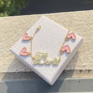 QIUHAN ODM Colorful Enamel Heart Charms Bracelet Girl DIY Personalized Custom Name Bracelet Gift