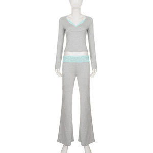 Conjunto de Dos Piezas para Mujer, Camiseta Deportiva Casual con Cuello en V, Manga Larga, Bloques de Color y Parches de Encaje, Pantalones Acampanados de Cintura Alta - Product Image 6
