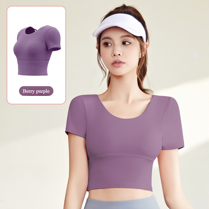Women's Beautiful Back Print Yoga Sports Shirt Short Sleeve Slim Fit with Chest Pads Breathable Jacket for Adults