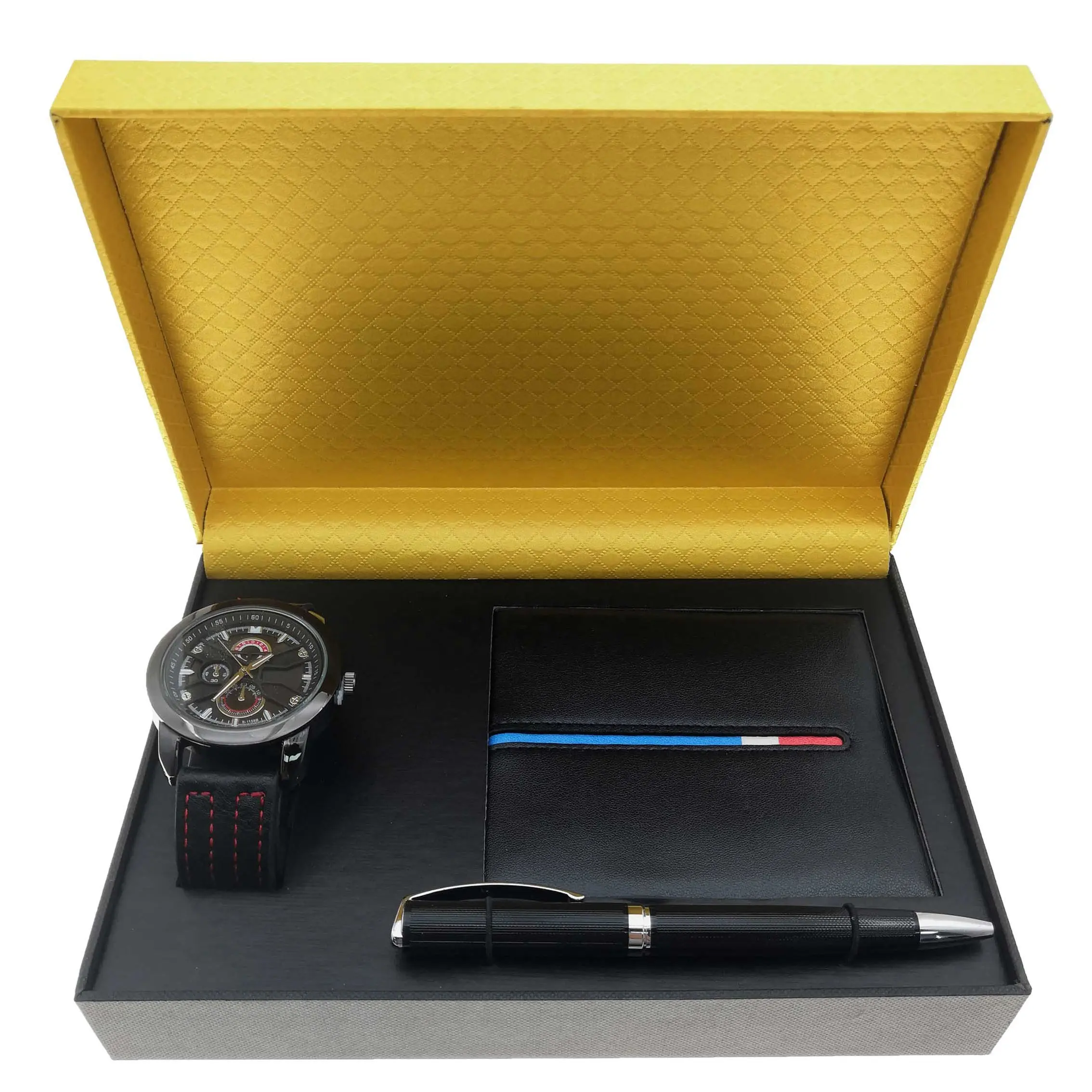 Nouveau Style Promotion hommes coffret cadeau affaires montre à Quartz ensemble noël hommes coffret cadeau stylo + portefeuille + ceinture + lunettes + montre